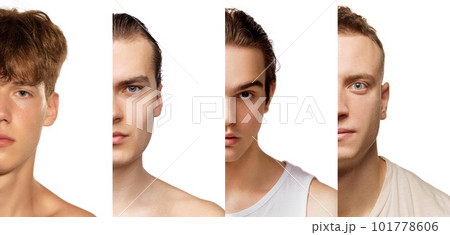 Half-face portrait of four different man of diverse age posing over white studio background. Male models with clear, smooth, spotless skin 101778606