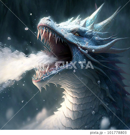 白くて冷たい雪の息を吐きだす青白いドラゴンのような狂暴なモンスター