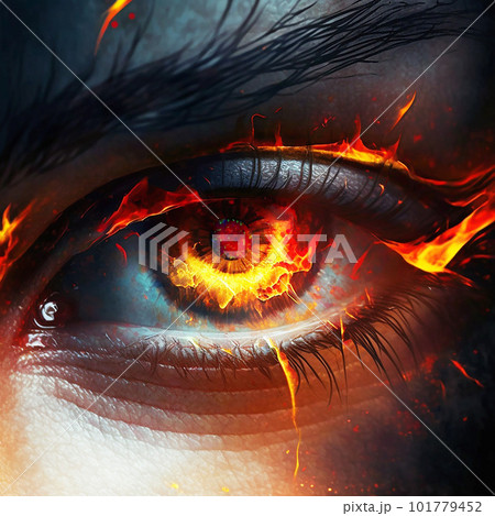 闘志を燃やすように熱い炎に包まれた目のアップ 闘志を燃やすように熱い炎に包まれた目のアップ 101779452