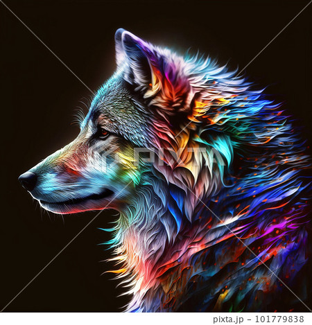 狼 レンチュラー 絵 虹色の毛並みを持つ凛々しい狼の顔のイラスト素材 [101779838] - PIXTA