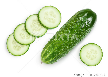 Sliced cucumber isolated on white background with full depth of field, Top view. Flat lay 101780605