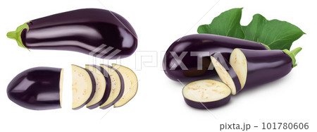 Eggplant or aubergine with slices isolated on white background with full depth of field. Top view, flat lay 101780606
