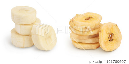banana pieces fresh and dried isolated on white background with full depth of field. 101780607