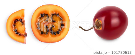 Fresh tamarillo fruit slices with leaves isolated on white background. Top view. Flat lay. Set or collection Fresh tamarillo fruit slices with leaves isolated on white background. Top view. Flat lay. Set or collection 101780612