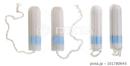 A new tampon with blue string to absorb menstrual blood isolated on white background. Top view 101780643