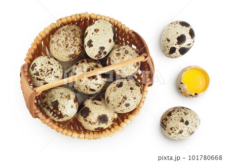 Raw quail egg in wicker basket isolated on white background with full depth of field. Top view. Flat lay 101780668