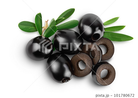 Black olives with leaves isolated on a white background with full depth of field. Top view. Flat lay Black olives with leaves isolated on a white background with full depth of field. Top view. Flat lay 101780672