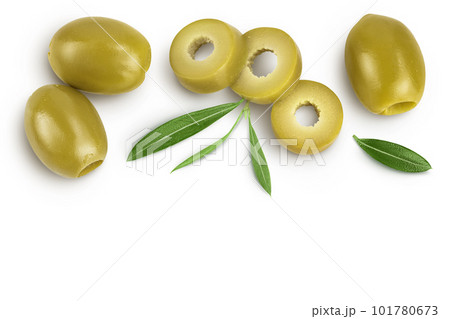 Green olives with leaves isolated on a white background with full depth of field. Top view with copy space for your tex. Flat lay Green olives with leaves isolated on a white background with full depth of field. Top view with copy space for your tex. Flat lay 101780673