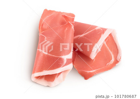 Italian prosciutto crudo or spanish jamon. Raw ham isolated on white background with full depth of field. Top view. Flat lay 101780687