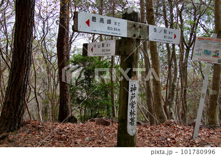 中山縦走　中山駅（中山観音駅）、最高峰と奥之院の距離と方向を示す行先表示板 101780996