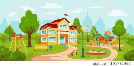 Kid playground. Kindergarten or school building in summer park. Fun play yard and garden. City schoolyard. Children nursery. Swings and sandbox. Empty town landscape. Vector tidy cartoon illustration Kid playground. Kindergarten or school building in summer park. Fun play yard and garden. City schoolyard. Children nursery. Swings and sandbox. Empty town landscape. Vector tidy cartoon illustration 101781460