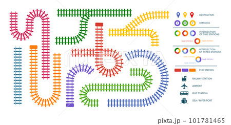 Train railway. Rail track kids constructor. Line toy map for infographic. Railroad turn and straight parts. Tram road station for subway locomotive. Isolated elements set. Vector utter design concept Train railway. Rail track kids constructor. Line toy map for infographic. Railroad turn and straight parts. Tram road station for subway locomotive. Isolated elements set. Vector utter design concept 101781465