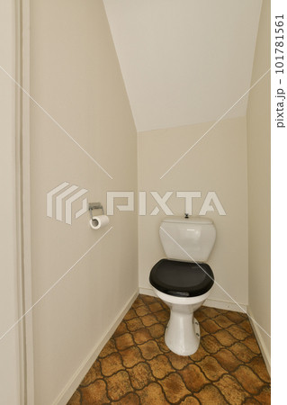a toilet in the corner of a room with an interesting pattern on the floor, and a white wall behind it 101781561