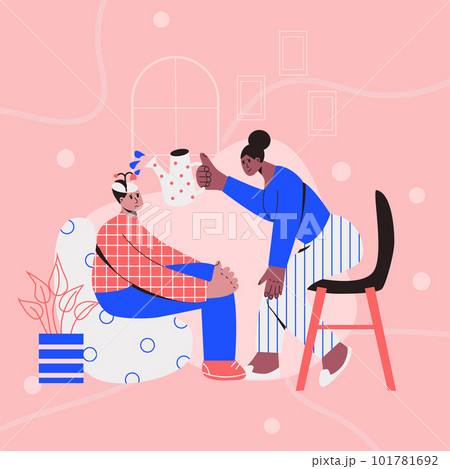 Psychologist woman waters a flower in patient's head from a watering can. Psychotherapy counseling concept. Treatment of depression, stress, mental problems. Flat vector illustration in trendy colors 101781692