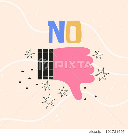 Thumb down dislike hand sign gesture with No text. Colorful vector flat illustration for sticker, t-shirt print, poster Thumb down dislike hand sign gesture with No text. Colorful vector flat illustration for sticker, t-shirt print, poster 101781695