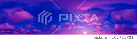 Blue sky panorama with magenta Cirrus clouds in Seamless spherical equirectangular format. Full zenith for use in 3D graphics, game and editing aerial drone 360 degree panoramas for sky replacement. 101781701