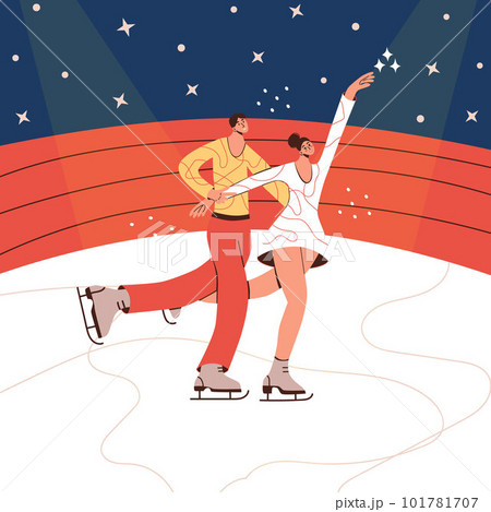 Couple figure skater isolated cartoon flat vector illustration in trendy colors. Pair figure skating. Winter sport, ice dancer, gymnast woman, championship, competition activity modern design element 101781707