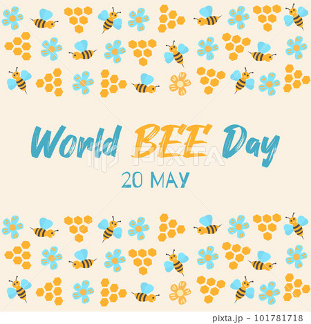 World Bee Day colorful border. Banner or greeting card with cute honey bees. Eco friendly animal protection holiday event background. Vector illustration 101781718