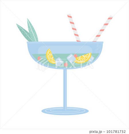 Cocktail with mint, ice and straw. Party, pub, restoraunt or club element. alcohol coctail with vermouth. Vector flat illustration, isolated on a white. Cocktail with mint, ice and straw. Party, pub, restoraunt or club element. alcohol coctail with vermouth. Vector flat illustration, isolated on a white. 101781732