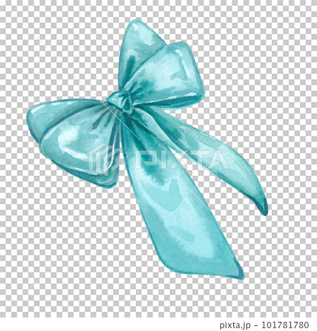 Turquoise satin ribbon bow on a white background. Watercolor illustration of jewelry for gifts. Collection Provencal bouquet. The illustration is suitable for design, invitations, postcards, weddings. 101781780