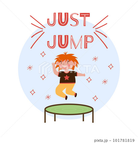 Cute little smilinng ginger boy jumping on trampoline. Cartoon vector illustration, isolated on a white 101781819
