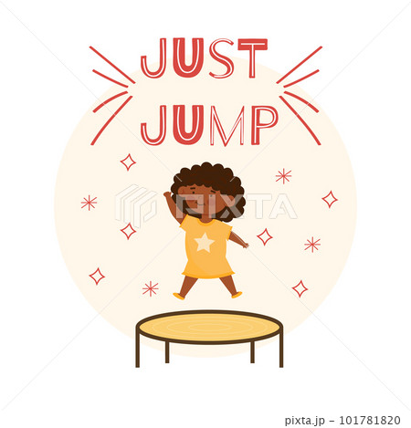 Cute little smilinng afro american girl in the yellow dress jumping on trampoline. Cartoon vector illustration, isolated on a white 101781820