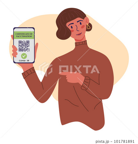 Certificate of vaccination vector flat cartoon illustration. Young women showing smartphone with vaccine QR code in mobile app or screen. Covid-19 coronavirus vaccine certificate Certificate of vaccination vector flat cartoon illustration. Young women showing smartphone with vaccine QR code in mobile app or screen. Covid-19 coronavirus vaccine certificate 101781891