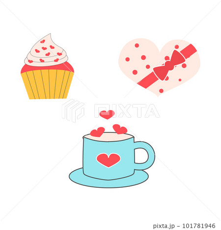 Cute tea cup, cupcake and box of sweets. 14 february, Valentine s Day, Love, wedding concept. Flat illustration. 101781946