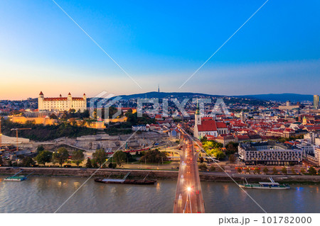 View of Bratislava castle, old town and the Danube river from observation deck the bridge in Bratislava, Slovakia at night View of Bratislava castle, old town and the Danube river from observation deck the bridge in Bratislava, Slovakia at night 101782000