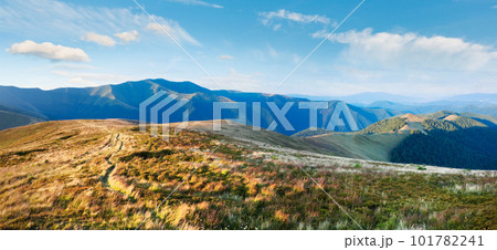 Summer morning mountain landscape with green forest on slope (Ukraine, Carpathian Mountains). Summer morning mountain landscape with green forest on slope (Ukraine, Carpathian Mountains). 101782241