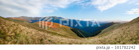 Summer morning mountain landscape with two tourist tent on slope (Ukraine, Carpathian Mountains). 101782242