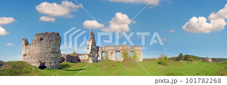 Spring view of Sydoriv Castle ruins (built in 1640s). Sydoriv village,  located 7 km south of Husiatyn, Ternopil region, Ukraine. 101782268