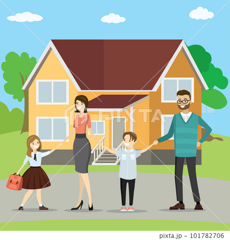 Happy young family with children,large family house in the backg Happy young family with children,large family house in the backg 101782706