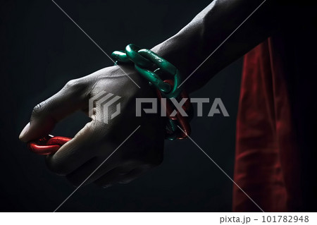 Uneteenth National Independence Day celebration concept. A hand is shackled with red green chain. Generative AI illustration Uneteenth National Independence Day celebration concept. A hand is shackled with red green chain. Generative AI illustration 101782948