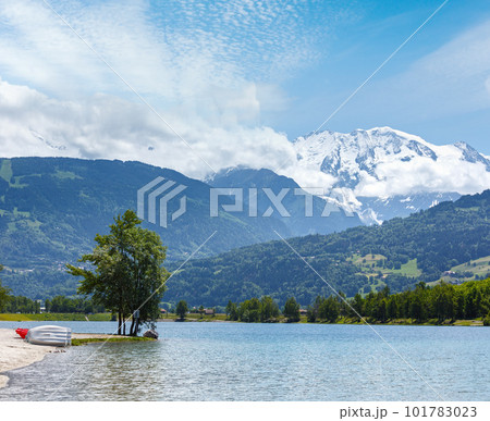 Lake Passy and Mont Blanc mountain massif summer view. 101783023