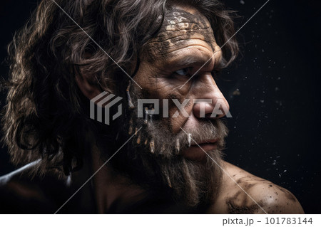 Portrait of prehistoric man on dark background. Generative AI 101783144