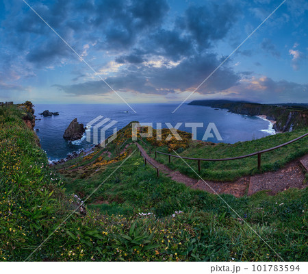 Evening Costa de Loiba landscape with flowers and footpath to beach (Asturias, Spain). Evening Costa de Loiba landscape with flowers and footpath to beach (Asturias, Spain). 101783594