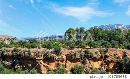 View to highway from famous ancient ruins in Valley of Temples, Agrigento, Sicily, Italy. UNESCO World Heritage Site. 101783688