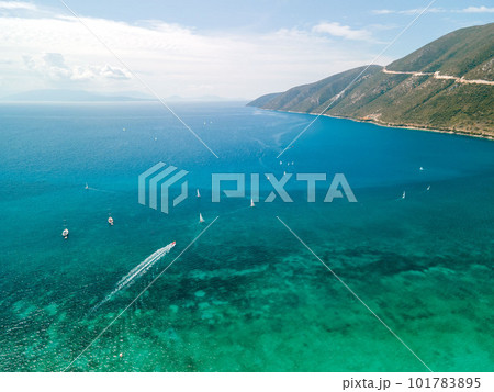 aerial view of vasiliki beach windsurfing Lefkada island Greece aerial view of vasiliki beach windsurfing Lefkada island Greece 101783895