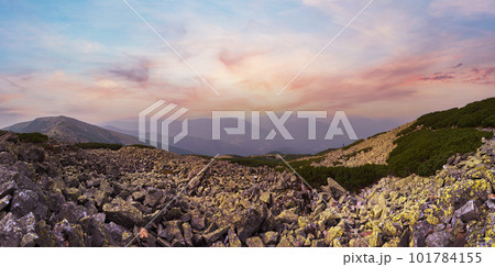 Dusk mountain stony panorama, Gorgany region of Carpathian mountains, Ukraine. 101784155
