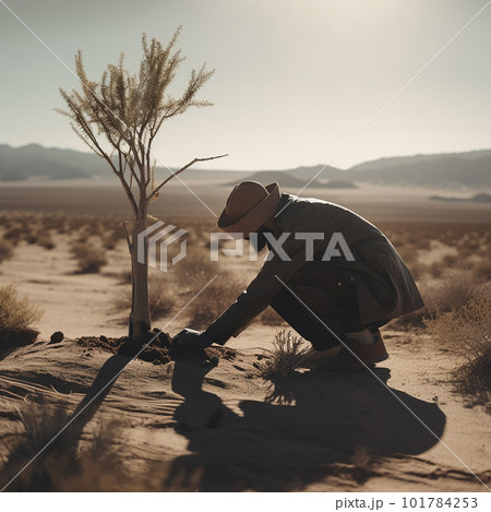 Woman with a shovel plants a small tree, close-up, nature concept,  101784253