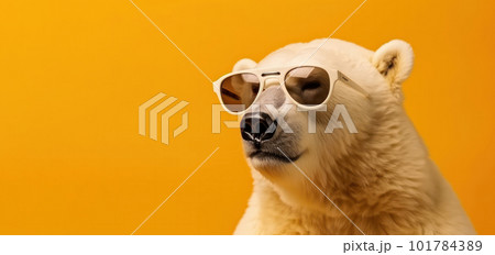 Endangered polar bear sporting trendy shades on a yellow background, highlighting the need for conservation efforts. AI Generative. 101784389