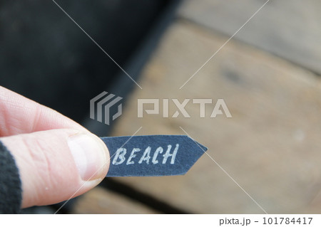 Beach idea. A hand holds a pointer with the inscription beach. 101784417