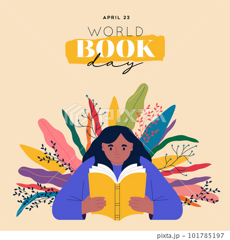 World book day girl reading book green plant leaf card concept illustration World book day girl reading book green plant leaf card concept illustration 101785197