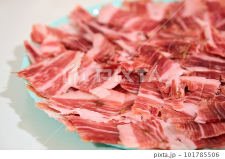 plate with sliced serrano jamon plate with sliced serrano jamon 101785506