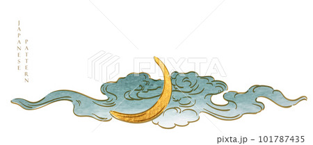 Hand drawn wave element with Japanese pattern vector. Oriental gold line decoration with black banner design, flyer or presentation in vintage style. Ocean sea elements. Mountain landscape background 101787435
