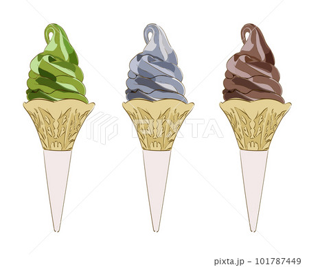 Soft cream cone vanilla, Green tea chocolate and charcoal flavor vector. Ice cream soft serve isolated on white background in Japanese style. Soft cream cone vanilla, Green tea chocolate and charcoal flavor vector. Ice cream soft serve isolated on white background in Japanese style. 101787449