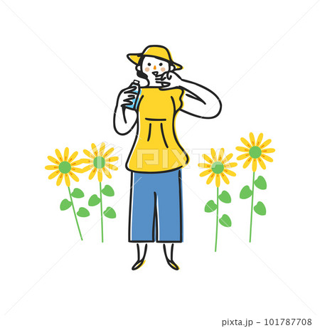 ひまわりに囲まれてペットボトルで水分補給する帽子を被った女性　イラスト素材 101787708