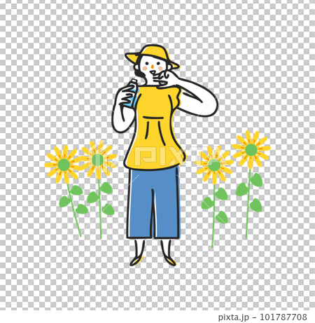 ひまわりに囲まれてペットボトルで水分補給する帽子を被った女性　イラスト素材 101787708