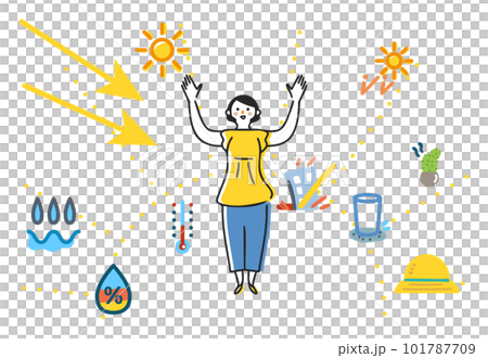 A smiling woman giving up her hands against the threat of UV rays illustration material 101787709